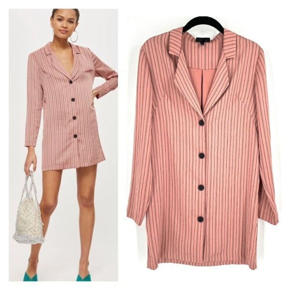 Topshop Women's Striped Collared Long Sleeve Satin Shirt Dress Pink Black Size 4